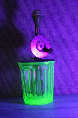 Green Uranium Glass 16 oz A & J Hand Mixer/Egg Beater Marked Patent Applied For
