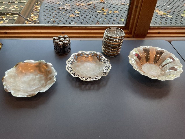 Assorted Silver-plated Dishes, Salt and Pepper Shakers (8), and Coasters(7)