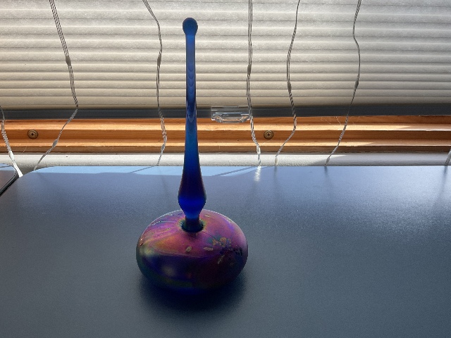 STUNNING Blue Iridescent Signed Perfume Art Glass Bottle 1991 7”H