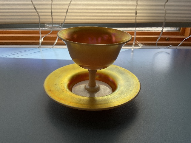 Steuben Calcite and Gold Aurene Iridescent Footed Sherbet Cup and Saucer