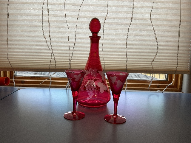 Vintage Ruby Red Etched Grapes Glass Decanter with 2 Glasses