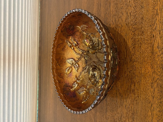 STUNNING VTG Imperial Glass Golden Amber Iridescent LUSTRE ROSE Carnival Bowl 8"