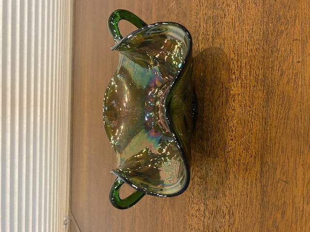 ANTIQUE FENTON Green Iridescent HONEYCOMB & CLOVER Double Handled Dish 7.5"L