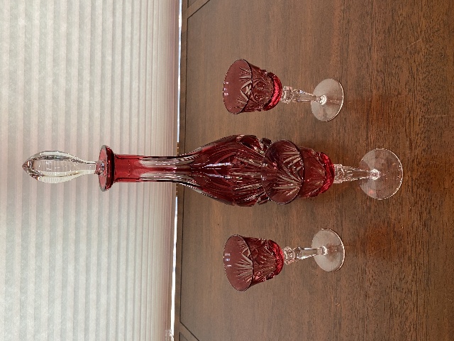 STUNNING VTG NACHTMANN NIERSTEIN Cranberry Cut To Clear Crystal Decanter SET(4)