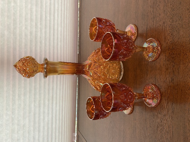 STUNNING VTG Imperial Glass Marigold Iridescent Cut Glass Decanter SET(5)