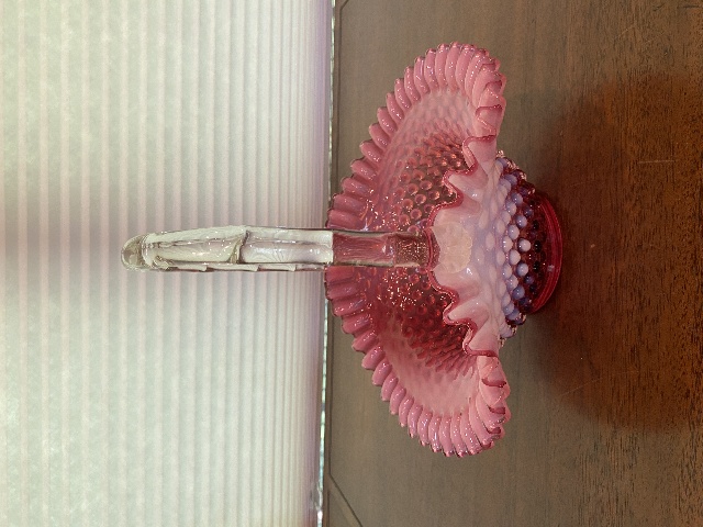 BEAUTIFUL VTG FENTON Cranberry Opalescent Hobnail Ruffled Rim Glass Basket 10"H