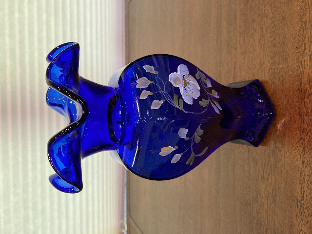 STUNNING VTG FENTON Cobalt Blue GOLDEN FLAX Floral PAINTED Vase 9.25"H SIGNED