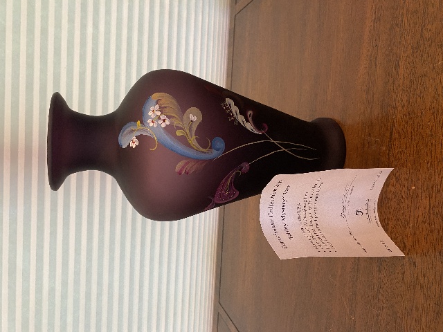 FENTON 2007 Purple Satin PAISLEY MYSTERY LTD ED 513/1500 Vase, COA SIGNED 12.75"