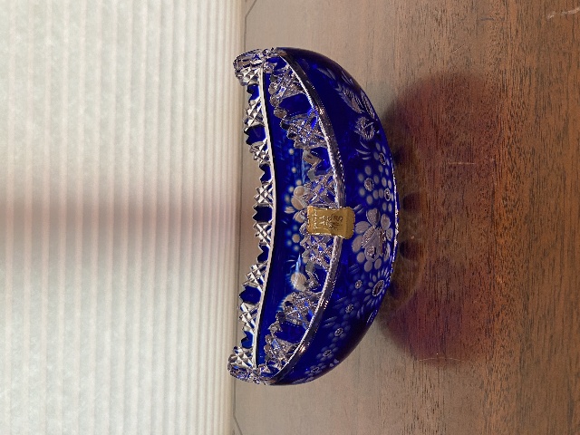 RARE MEISSEN Cobalt Blue Cut To Clear Floral Etched Bowl W/LABEL 8.5" HTF SIGNED