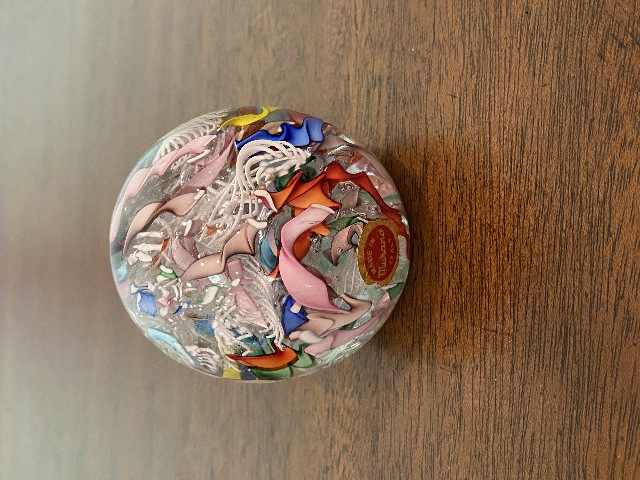 BEAUTIFUL VTG MURANO Multicolored Latticino Ribbon Scramble Paperweight 2.5"H