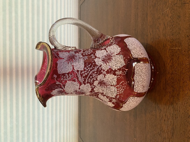 BEAUTIFUL VICTORIAN Cranberry W/White Overshot Leaves & Grapes Pitcher 8.5"H
