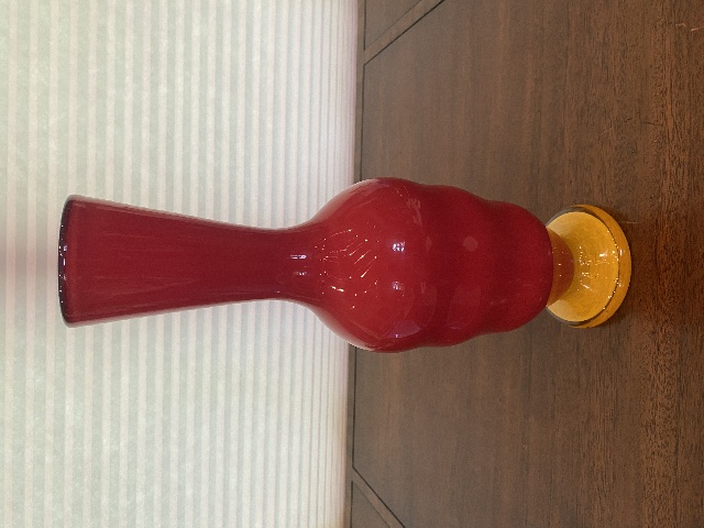 BEAUTIFUL VTG 1998 TONY CRAY Red & Orange Hand Blown Art Glass Vase SIGNED 14.5"