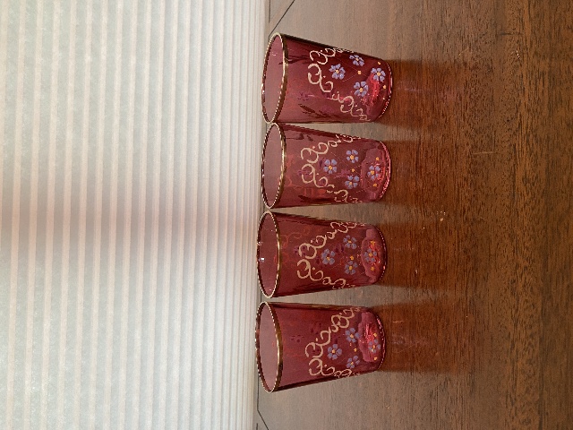 BEAUTIFUL SET(4) ANTIQUE VICTORIAN Cranberry W/Gold Floral Enameled Tumblers 4"H