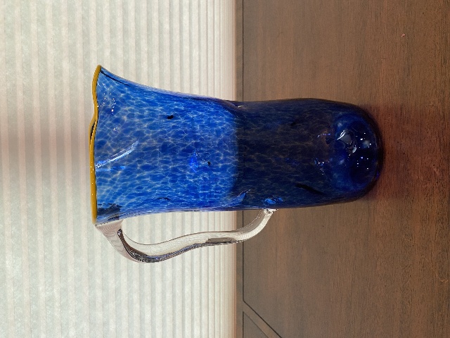 GEORGEOUS LARGE 2019 Cobalt Blue & Yellow Art Glass Pitcher 11.5"H Signed