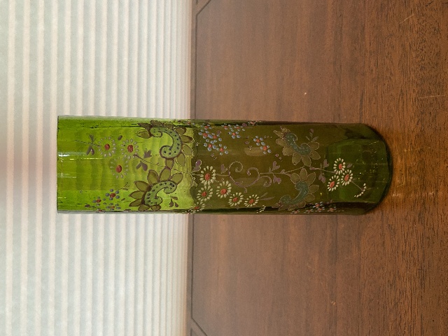 BEAUTIFUL ANTIQUE Moser Olive Green Floral HAND PAINTED Enamel Glass Vase 10.5"H