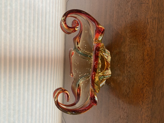 STUNNING VTG MURANO Red & Amber Freeform Art Glass Centerpiece Bowl 8.5"L ITALY