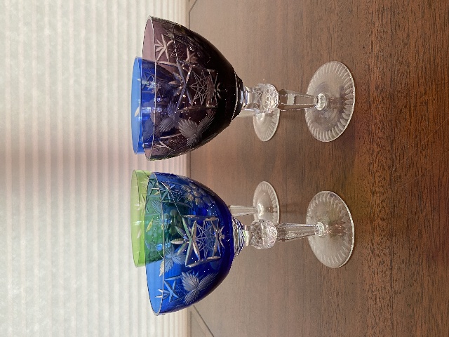 STUNNING SET(4) VTG Multicolored Cut To Clear Grape & Star Pattern Glasses 6.5"H