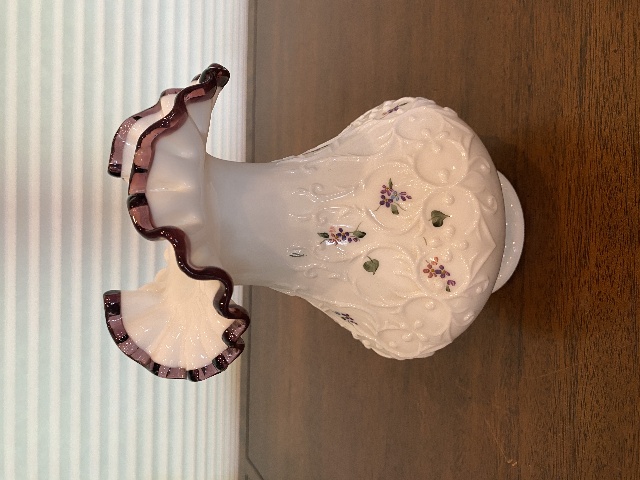 VTG FENTON Purple Crest Floral PAINTED Spanish Lace Milk Glass Vase SIGNED 7.75"