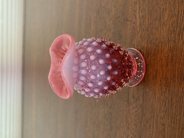 VTG FENTON Cranberry Opalescent Hobnail Tri Lobe Bud Vase W/Ruffled Rim 3.75"H
