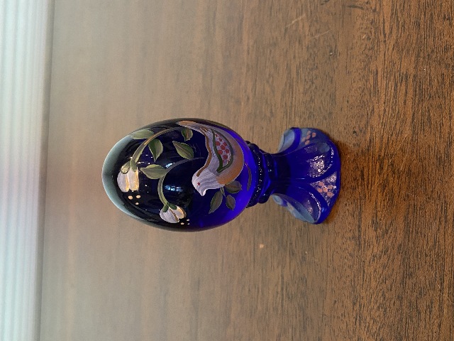 VTG FENTON Cobalt Blue PAINTED BIRD & FLORAL LTD ED #257/3000 Glass Egg 3.75"H