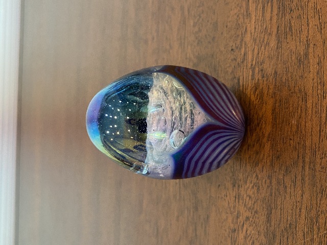 STUNNING Glass Eye Studio Iridescent PULLED FEATHER Egg Shaped Paperweight 3"H