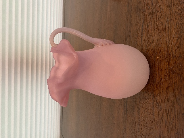 BEAUTIFUL ANTIQUE Pink Satin Small Glass Pitcher W/Applied Ribbed Handle 5.75"H
