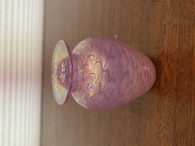 STUNNING VTG Glass Eye Studio Pink Iridescent Wave Art Glass Vase 4"H SIGNED