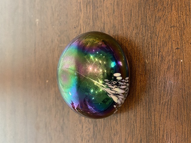 BEAUTIFUL VTG Balos Art Glass Iridescent Paperweight W/White Spots 2.75"W