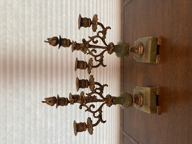 STUNNING PAIR Of Green & Gold Toned  Brass & Onyx Candelabras 15.75"H, 16"H