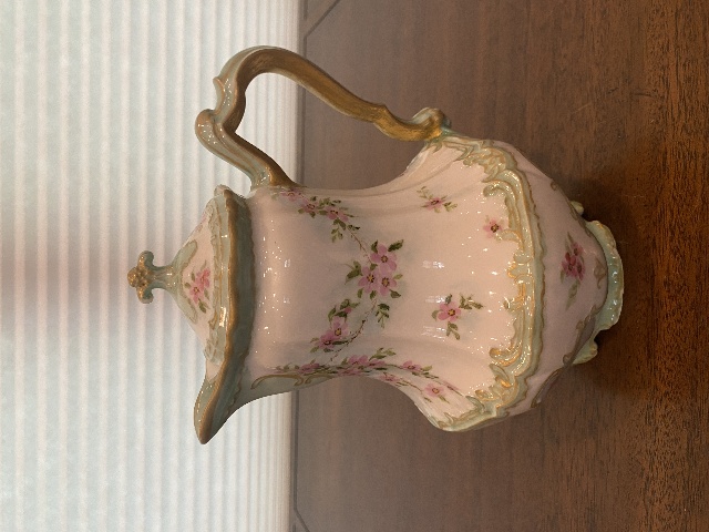 ANTIQUE HAVILAND FRANCE Green/Gold Porcelain Floral PAINTED Chocolate Pot 8.75"H