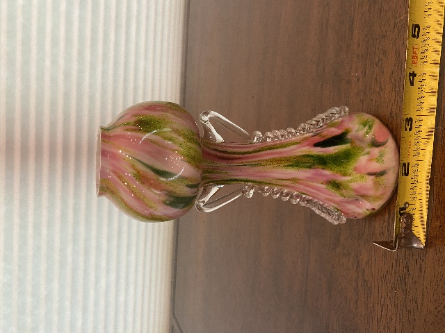 BEAUTIFUL VTG Green & Pink Aventurine Art Glass Vase W/Clear Handles 7"H