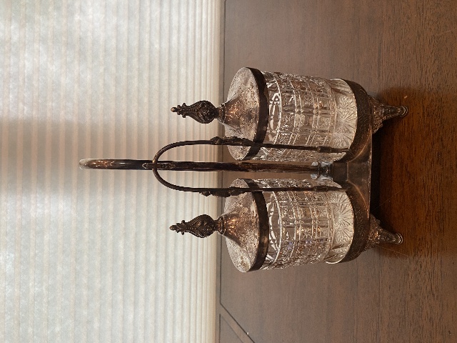 ANTIQUE Meriden Co Silverplate & Glass Double Pickle Castor Set W/Tongs 10.5"H