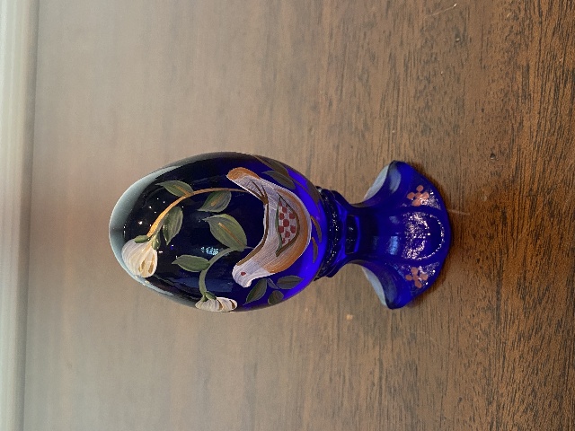 VTG FENTON Cobalt Blue PAINTED BIRD & FLORAL LTD ED #335/3000 Glass Egg 3.75"H