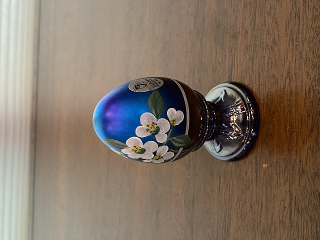 RARE VTG FENTON Blue Iridescent FLORAL PAINTED LTD ED #4/50 Egg W/LABEL 3.5"H