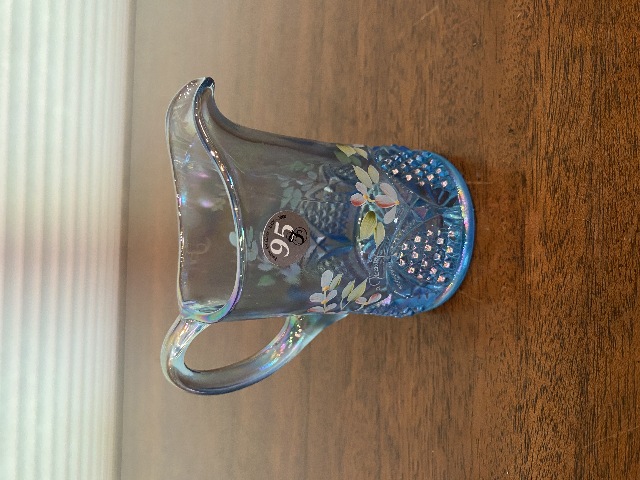 95th Anniversary Blue Iridescent FLORAL PAINTED Small Pitcher W/LABEL SIGNED 4"H