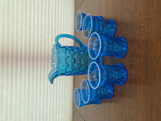 BEAUTIFUL VTG Blue Opalescent Floral/Honeycomb Glass Pitcher & 6 Glasses SET(7)