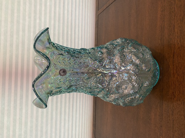 BEAUTIFUL 95th Anniversary Teal Iridescent POPPY SHOW Glass Vase W/LABEL 12.5"H