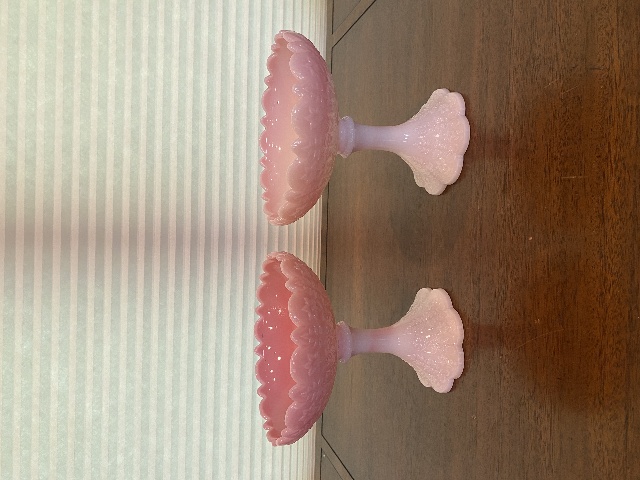 STUNNING VTG FENTON Rosalene Slag Floral Glass Candy Dish Compotes 6.75"H PAIR