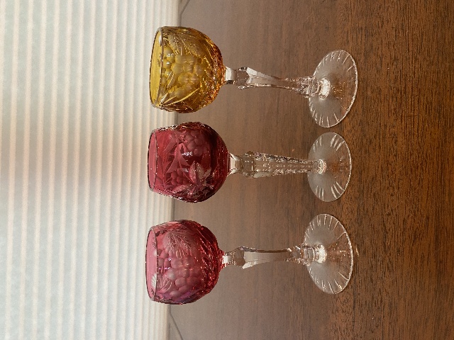 STUNNING MIX(3) VTG Multicolored Cut To Clear Crystal Cordial Glasses 5.25"H