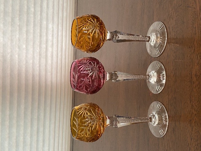 STUNNING SET(3) VTG Cranberry & Amber Cut To Clear Crystal Cordial Glasses 5.25"