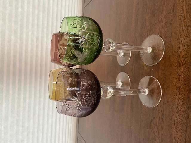 STUNNING SET(4) VTG Multicolored Bohemian Grape Cut To Clear Wine Glasses 8.25"H