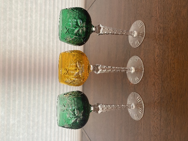 STUNNING SET(3) VTG AJKA Green/Tangerine Cut To Clear Crystal Wine Glasses 7.5"H