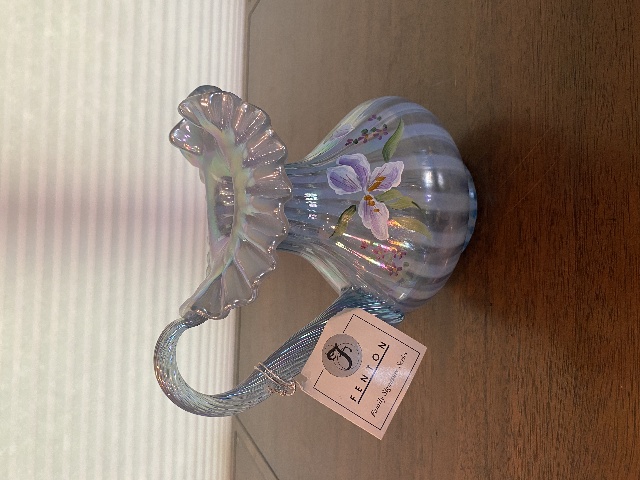 VTG FENTON IRISES ON MISTY BLUE LTD ED #1328 Pitcher W/LABEL PAINTED/SIGNED 7"H