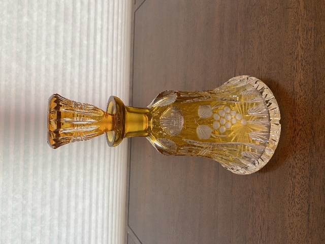 RARE VTG Honey Amber Cut To Clear Grape Etched Decanter W/STOPPER 9.5"H
