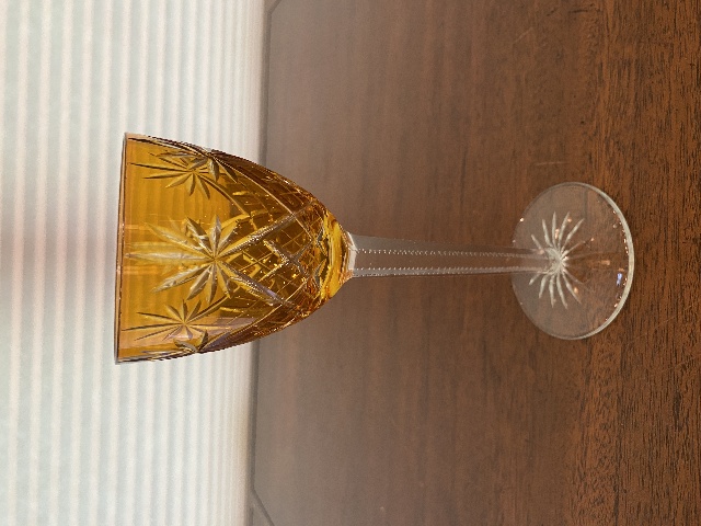 STUNNING VTG Amber Cut To Clear CRISS CROSS & FAN Wine Glass 7.5"H