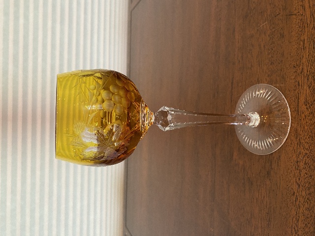STUNNING VTG Amber Cut To Clear GRAPE & LEAF Etched Crystal Hock Wine Glass 8.5"