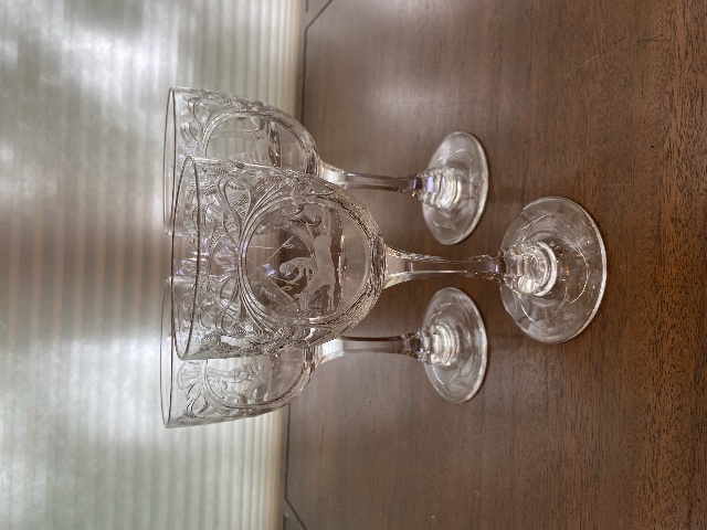 STUNNING SET(3) POLO PLAYER ON HORSEBACK/Floral Etched Crystal Water Goblets 8"H