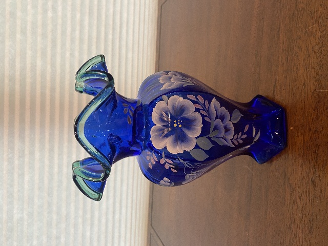 STUNNING VTG FENTON 75th ANNIVERSARY Cobalt Blue Floral PAINTED Vase 9.5" SIGNED