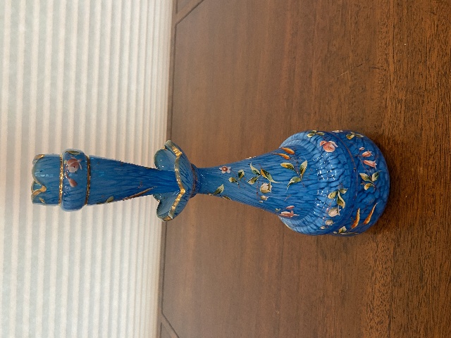 UNUSUAL ANTIQUE Blue & White Splatter Floral Enamel W/Gold Decanter/Bottle 10.5"
