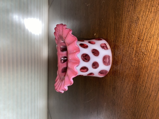 STUNNING VTG FENTON Cranberry Opalescent COIN DOT Glass Top Hat Vase 3.25"H